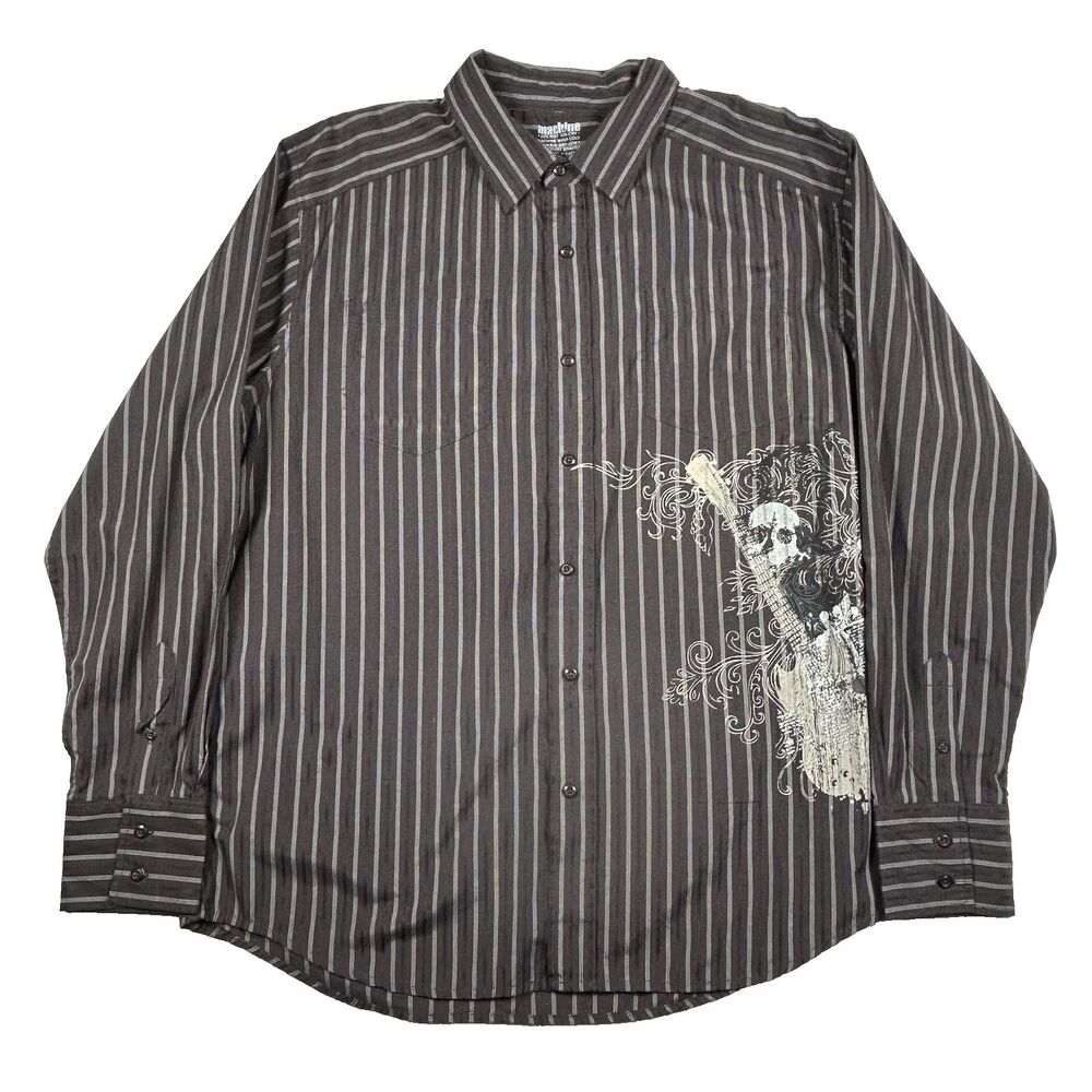 Machine Graphic Long Sleeve Button Down Men's XL Brown Shirt Guitar Skull Print